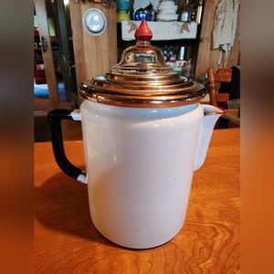 Enamel white and red coffee pot with insert and lid